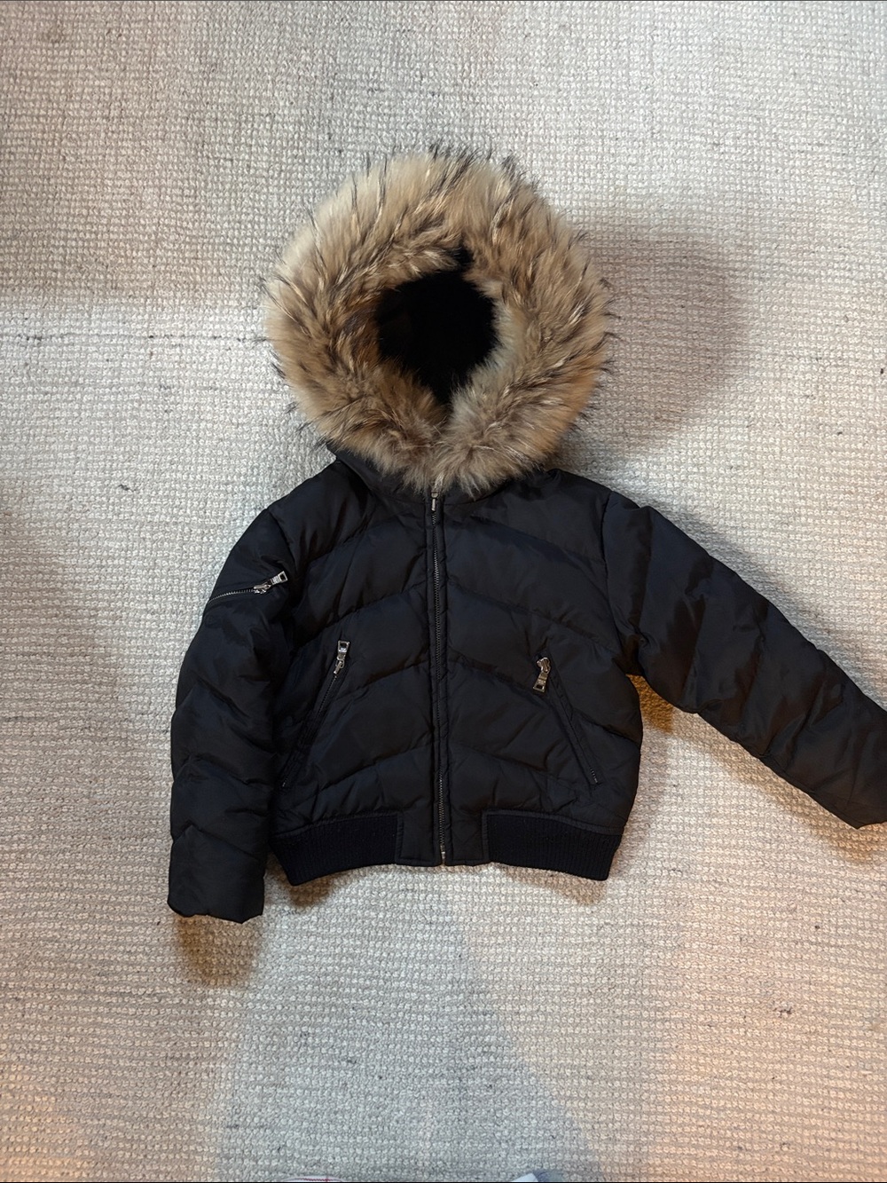 Andrew Marc Black Kids Puffer Jacket with Faux Fur Trim Hood